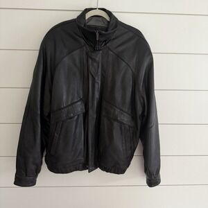 Vintage Collezione Black Leather Bomber Jacket Men's Size Large Full Zip EUC